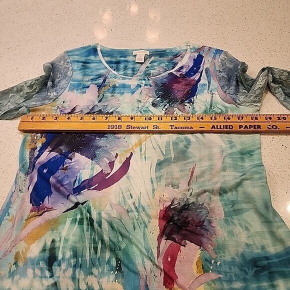 chicos size 1 M Blue Floral Shirt Top Lace Sleeves - Picture 6 of 7